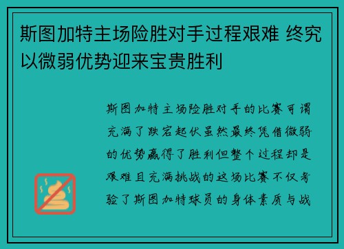 斯图加特主场险胜对手过程艰难 终究以微弱优势迎来宝贵胜利