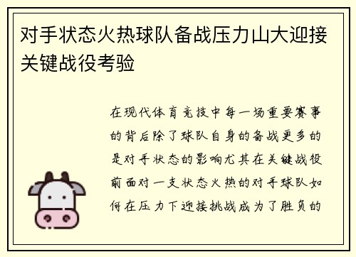 对手状态火热球队备战压力山大迎接关键战役考验