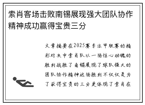 索肖客场击败南锡展现强大团队协作精神成功赢得宝贵三分