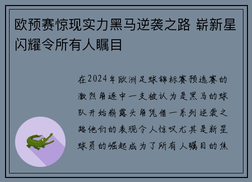 欧预赛惊现实力黑马逆袭之路 崭新星闪耀令所有人瞩目
